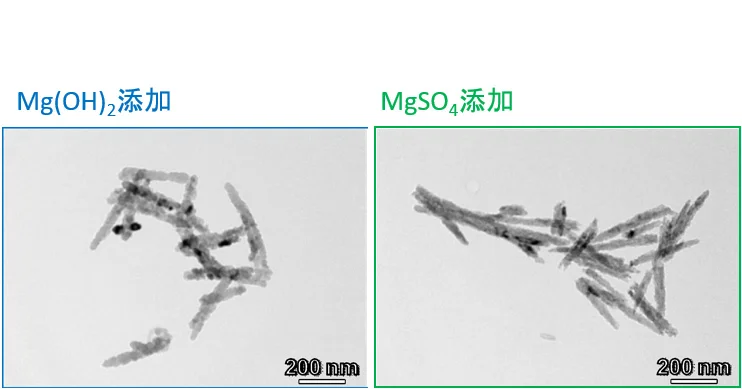 Mg(OH)2およびMgSO4を添加してそれぞれ合成を行うことで陰イオンの影響を比較している画像