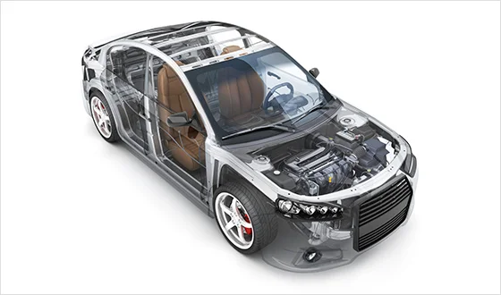 自動車部品の軽量化を支える技術開発と、CO₂削減への貢献を象徴する車のイメージ